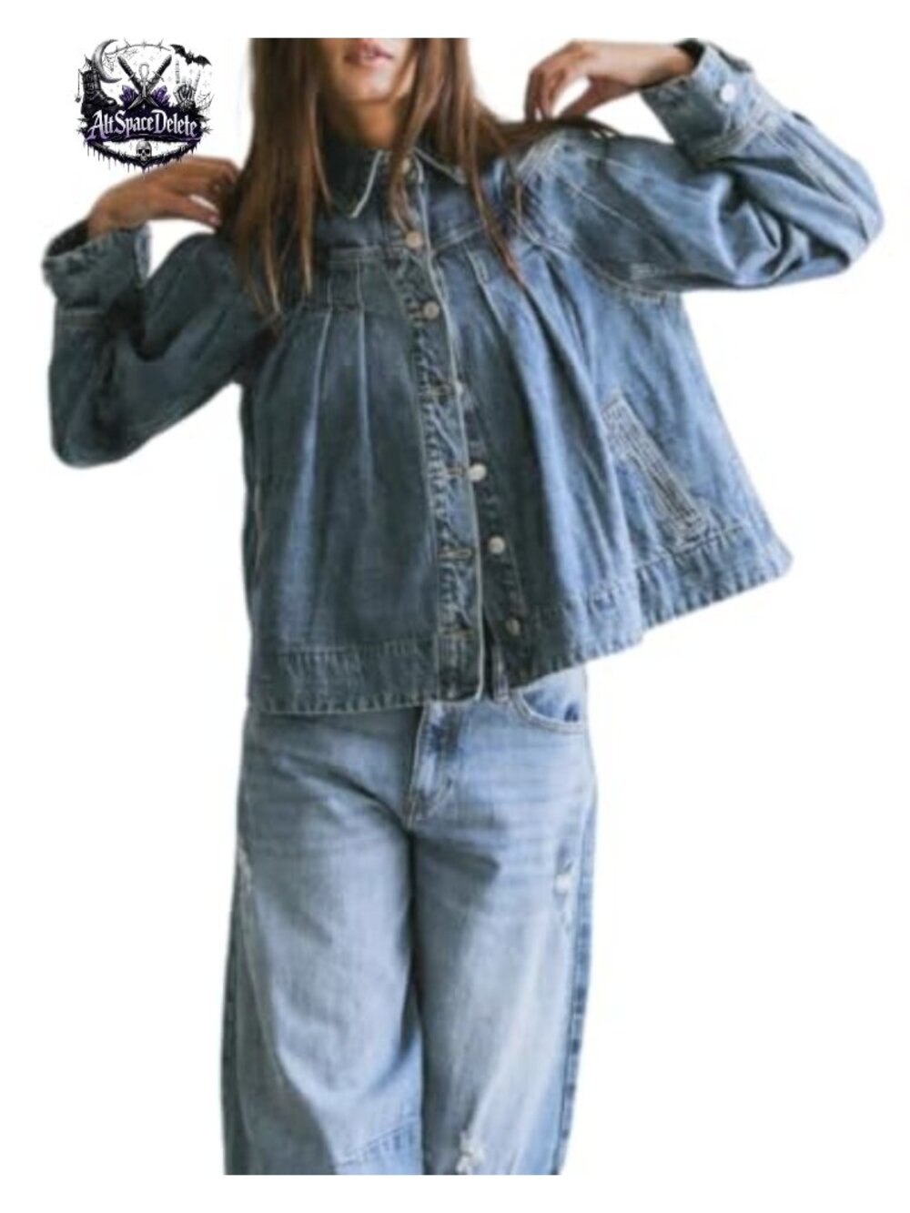 Women's Cropped Denim Jacket Long Sleeve Pleated Button Down Jean Jacket